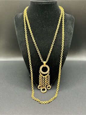 VTG‎ Gold-Tone Layered Circle Rhinestone Fringe Necklace